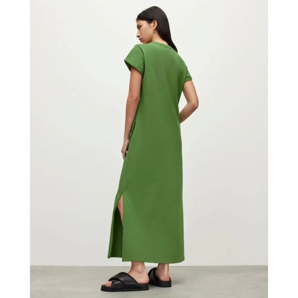 ALL SAINTS Anna Maxi T-Shirt Dress Modern Cotton Side Slits Shapeless Green US 4 - Picture 5 of 14